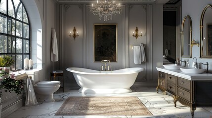 Spacious bathroom with a large bathtub, double sinks, and elegant decor