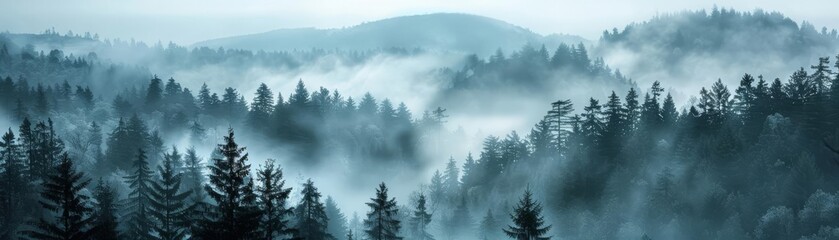 Misty forested mountain landscape in monochrome tones