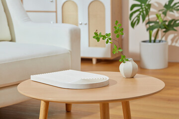 The photography was shot from front view in living room scene. On the wooden table, having an empty white platform for product presentation, next to it is a white vase of green plant, space for text