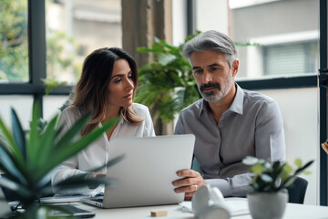 Two colleagues busy working using laptop in the office