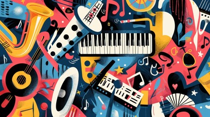 Colorful Abstract Music Instruments Pattern with Saxophone, Piano, Guitar, and Musical Notes