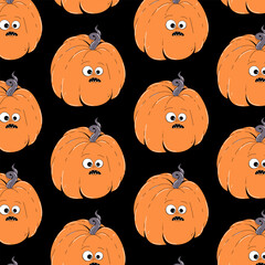 Colorful seamless pattern on Happy Halloween theme. Retro groovy character orange pumpkin with creepy and skary face. Contemporary vector illustration on black background.