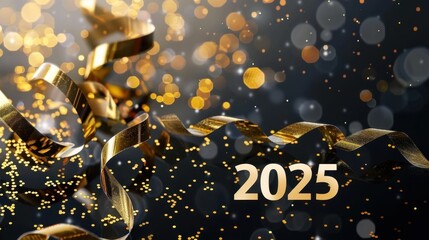 Golden ribbons and 2025 text with festive bokeh lights for New Year celebration