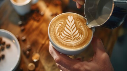 Top view of a barista making latte art on a cup of coffee
