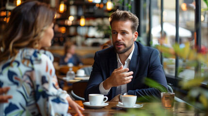 Chic coffee shop, the young businessman is deep in conversation with a client, negotiating trade terms