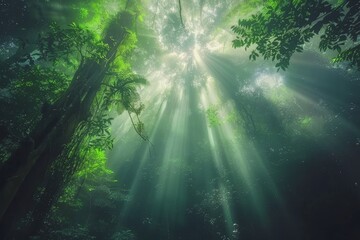 Obraz premium Sun Rays Through Dense Jungle Canopy