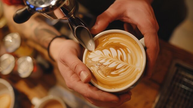 Top view of a barista making latte art on a cup of coffee