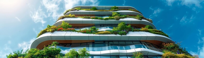 Fototapeta premium Modern building with green living walls and wavy architecture against a blue sky