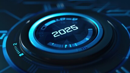 New Year 2025 loading push-button digital screen interface, Digital futuristic button interface displaying 2025 in a high-tech design