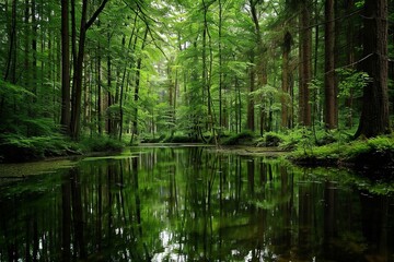 Tranquil Reflection in a Lush Forest