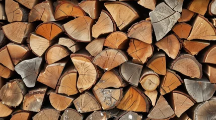 Selbstklebende Fototapeten Chopped firewood stack logs or chopped firewood slices showing detailed wood textures and growth rings black and white backdrop. © nilanka