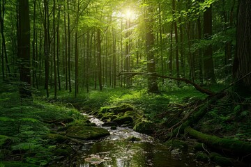 Obraz premium Sunbeams Filtering Through a Tranquil Forest