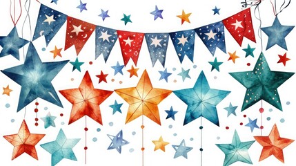 Obraz premium Colorful watercolor stars and bunting banner in blue, red, and orange for festive decoration or holiday celebration.