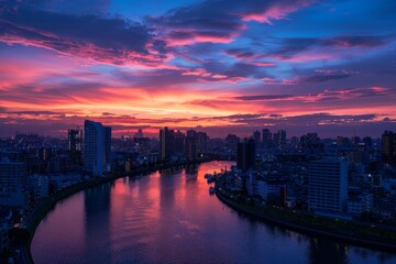 Cityscape with a Vivid Sunset Reflection in the River