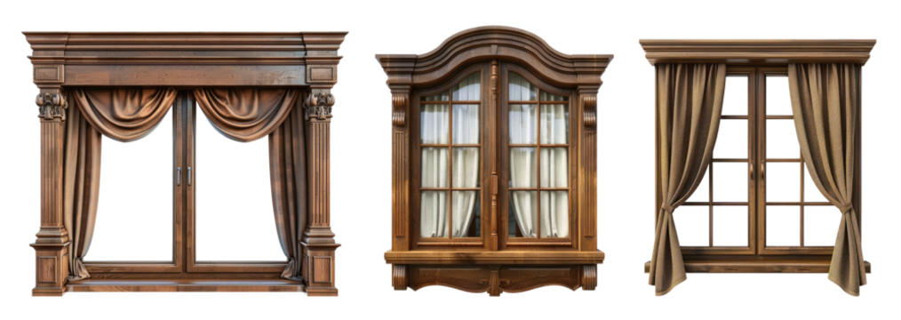 Wooden windows with curtains isolated on transparent background