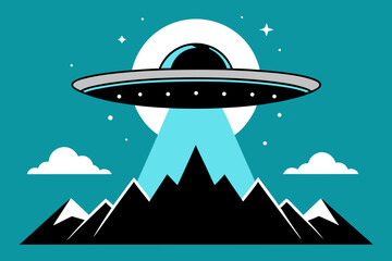 Alien spaceship flying over a mountain range. Alien spaceship vector illustration