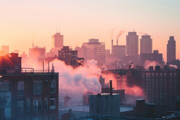 Cityscape at Dawn with Steam and Smoke