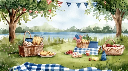 Idyllic riverside picnic scene with baskets, food, and blanket under trees. Perfect for family gatherings and summer outings.