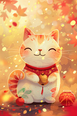 Whimsical Flat Illustration of a Roly-Poly Fortune Cat with Blurred Background. Playful and Unique Concept