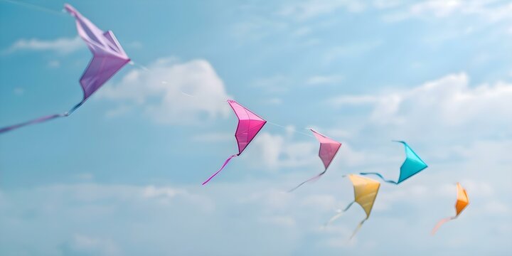 Vibrant kites soaring in the cloudy sky with bokeh effect. Concept Kite flying, Cloudy sky, Vibrant colors, Bokeh effect, Outdoor fun
