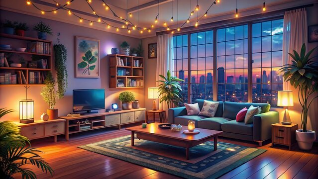 Cozy lo-fi living room at night with anime-inspired decorations, soft warm lighting, and chill hip hop vibes ideal for virtual backgrounds, stream overlays, and social media assets.