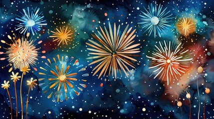 Vibrant fireworks display lighting up a starry night sky with colorful bursts, creating a festive and celebratory atmosphere.