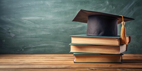 Graduation Cap on Books Against a Chalkboard
