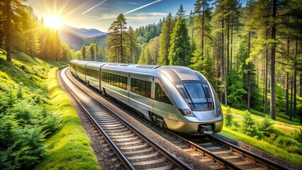 Naklejka premium A modern sleek commuter train with silver bullet-shaped cars and curved windows speeds through a lush green forest on a sunny day.