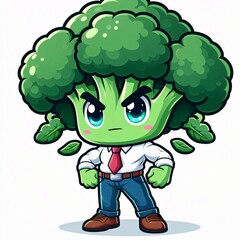 Anime Style Cartoon Broccoli Character on White Background