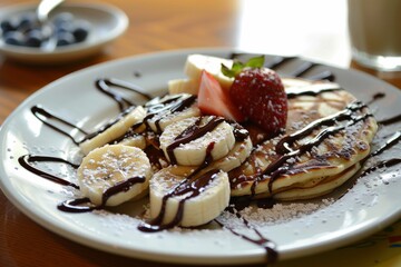 Delicious Chocolate Pancakes with Bananas and Strawberries