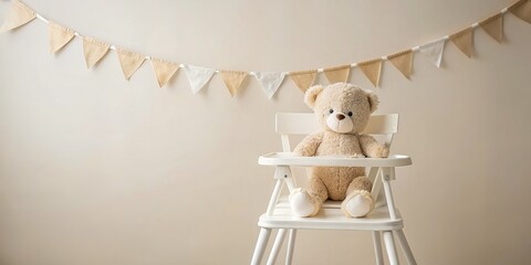 Highchair with 5x7 banner garland mockup. Baby shower 1st birthday christening gender neutral party. Styled setting with white teddy bear against a beige and white background. Negative copy space.