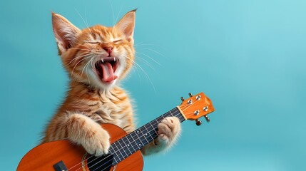 Comical Musical Cat Playful Cat Singing with Ukulele Against Blue Background, World Cat Appreciation
