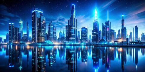 Futuristic Cityscape with Reflections at Night