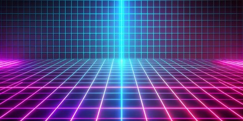Futuristic Neon Grid Background - 3D Rendered Retro 80s Style