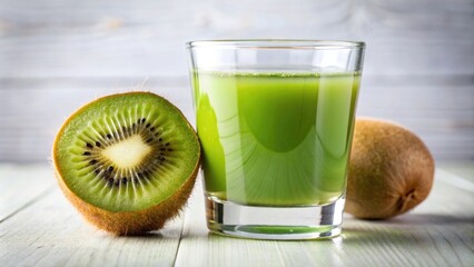 Kiwi juice in a clear glass with a kiwi slice on the rim, clear background