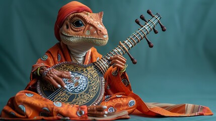 Obraz premium A photo of a dinosaur facetious playing a sitar, isolated on a dark turquoise background copy space for text, sharp focus and clear light , high clarity no grunge, splash, dust , noise
