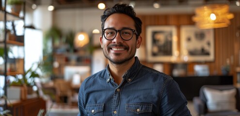 Obraz premium Smiling Man Wearing Glasses in a Modern Office Setting