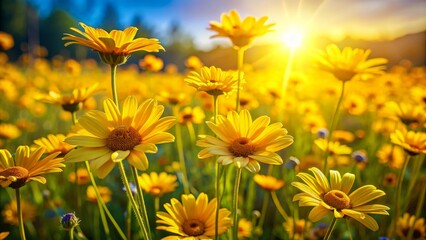 Golden Sunshine Meadow A Close-Up of Bright Yellow Daisies Blooming in Sunlight