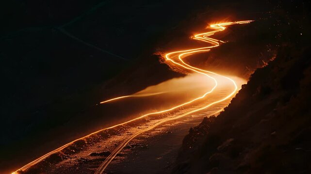 A trail of fiery orange lights zigzags up a steep cliff ting through the blackness of the night.