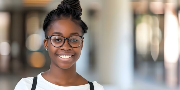 Happy African American female student carrying books on a diverse college campus. Concept Education, Diversity, College Life, Student Lifestyle, Campus Community