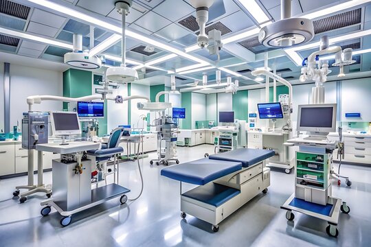 Modern catheterization lab in a state-of-the-art hospital features advanced medical equipment, monitoring systems, and sterile environment for minimally invasive cardiovascular procedures.