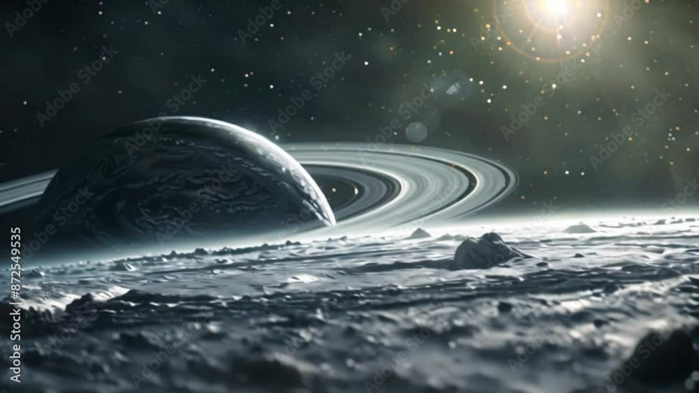 Poster this view of saturns rings from a moons surface. space background