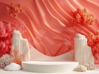 Round podium with pink red coral reef in the sea background for display product