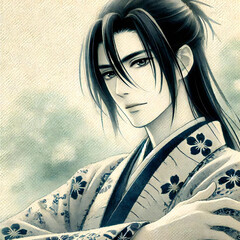 着物を着た黒髪長髪の涼やかな目元の男性