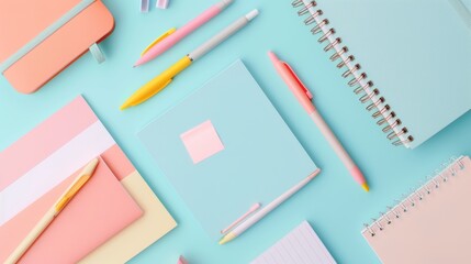 Comprehensive office stationery set laid out neatly on a desk, featuring pens, notebooks, sticky notes, and organizers, vibrant and detailed display