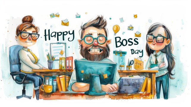 Cartoon illustration of a cheerful office celebration for Happy Boss Day with three colleagues at desks and decorations. - Powered by Adobe