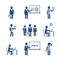 Fototapeta premium Education icons set. School concept with teacher and students, school bus pictograms. Education concept.