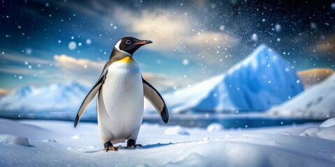 Fototapeta premium King Penguin in Snowy Landscape with Mountains in the Background