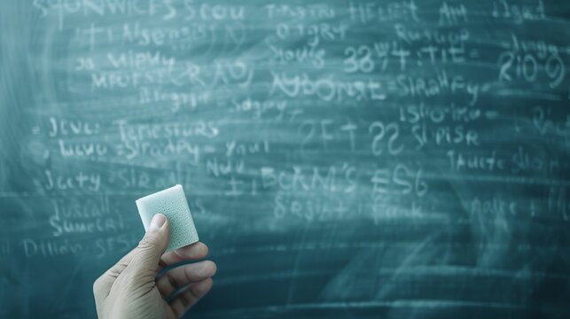 Classic classroom scene with a blackboard covered in chalk writing, eraser and duster on the tray, teacher in action, engaging educational atmosphere