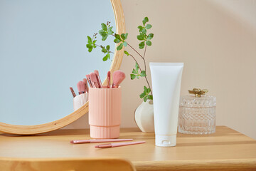 The creative template to design cosmetic products advertising pic, was taken in living room with...